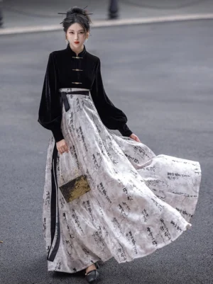 Modern Hanfu black qipao inspired top and ink calligraphy pleated wrap skirt full set front view on urban street
