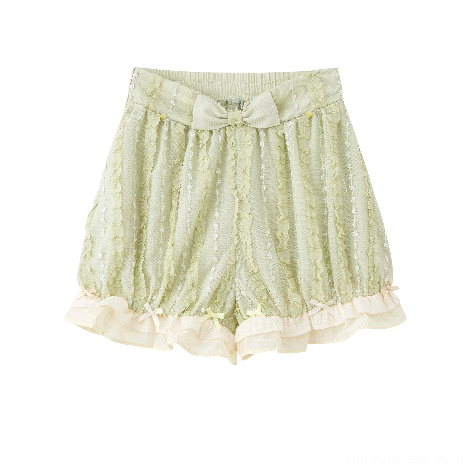 Flat lay display of light green modern Hanfu bloomers with textured striped fabric, front bow, elastic waistband, and double-layer cream ruffled hem