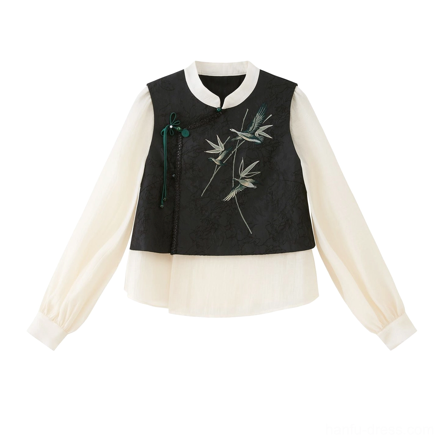 Flat lay product view of the modern Hanfu blouse with stand collar, ivory lantern sleeves, black embroidered panel, and Chinese knot button details