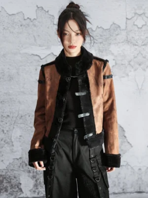 Front view of a modern Hanfu two-tone brown and black faux fur cropped jacket with Chinese toggle closures, fur-trimmed stand collar, cuffs, and decorative shoulder buckles
