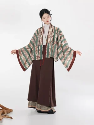 Brown Modern Hanfu geometric jacket and wide-leg trousers full set with relaxed wide sleeve silhouette