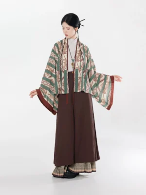 Modern Hanfu brown geometric cropped jacket with wide sleeves and high-waisted brown wide-leg trousers full front view