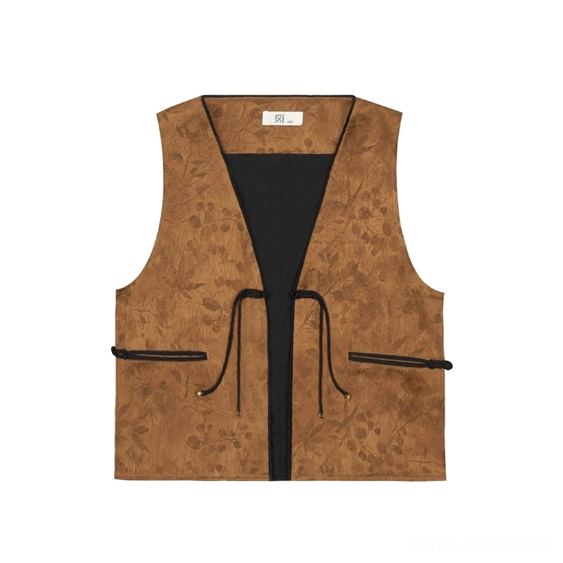 Brown jacquard Modern Hanfu vest flat lay with v neck black drawstring details zip pockets and dark lining