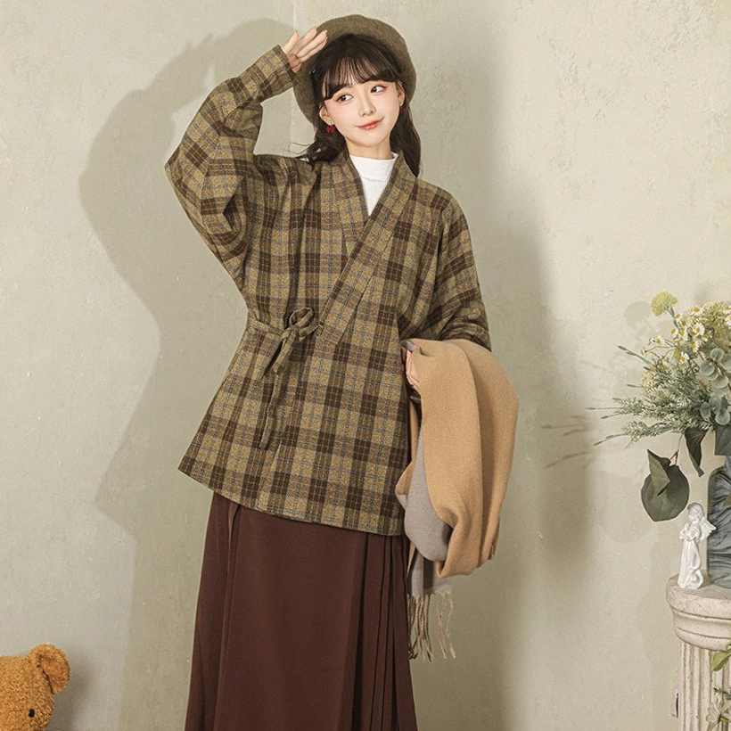 Modern Hanfu brown plaid cross-collar wrap jacket front view with beret dark pleated skirt and scarf styling
