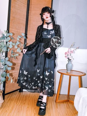 Modern Hanfu butterfly print slip midi dress styled with a black lace cropped cardigan in a three-quarter full-body view