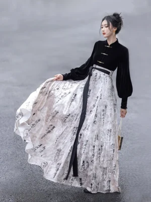Modern Hanfu calligraphy print wrap skirt flowing in motion with black Mandarin collar cheongsam top side view