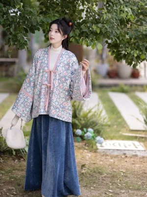 Side three-quarter view of a modern Hanfu two-piece outfit with a printed cardigan, wide sleeves, pink sleeve lining, relaxed fit, and dark blue long skirt styled on a garden path