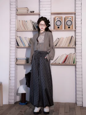 Modern Hanfu charcoal stand collar embroidered long sleeve top with high waisted black polka dot wide leg bloomers