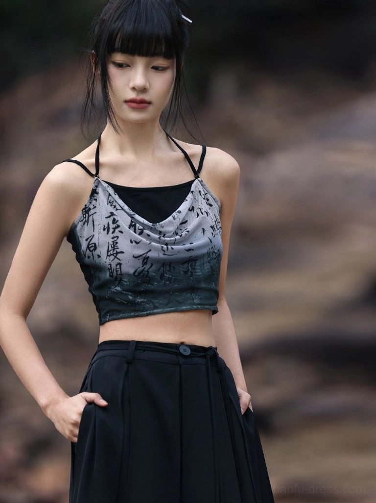 Front view of Modern Hanfu Chinese calligraphy print cropped camisole with draped cowl neckline, double spaghetti straps and ink wash gradient fabric