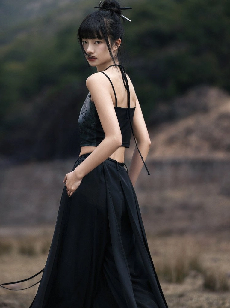 Back view of Modern Hanfu Chinese character print cropped camisole showing delicate straps and open back styling with matching wide leg pants
