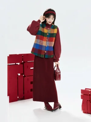Front view of modern hanfu Chinese New Year outfit with front-buttoned plaid vest stand collar bishop sleeve top burgundy handbag and matching shoes