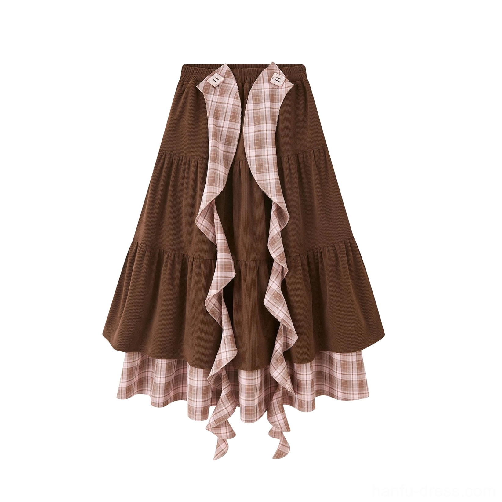 Flat lay product view of a cinnamon brown modern Hanfu tiered ruffle midi skirt with high waist, pink plaid layered hem, and decorative fabric sash
