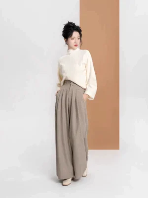 Cream high-neck sweater and high-waisted oat wide-leg pants from modern Hanfu outfit side view