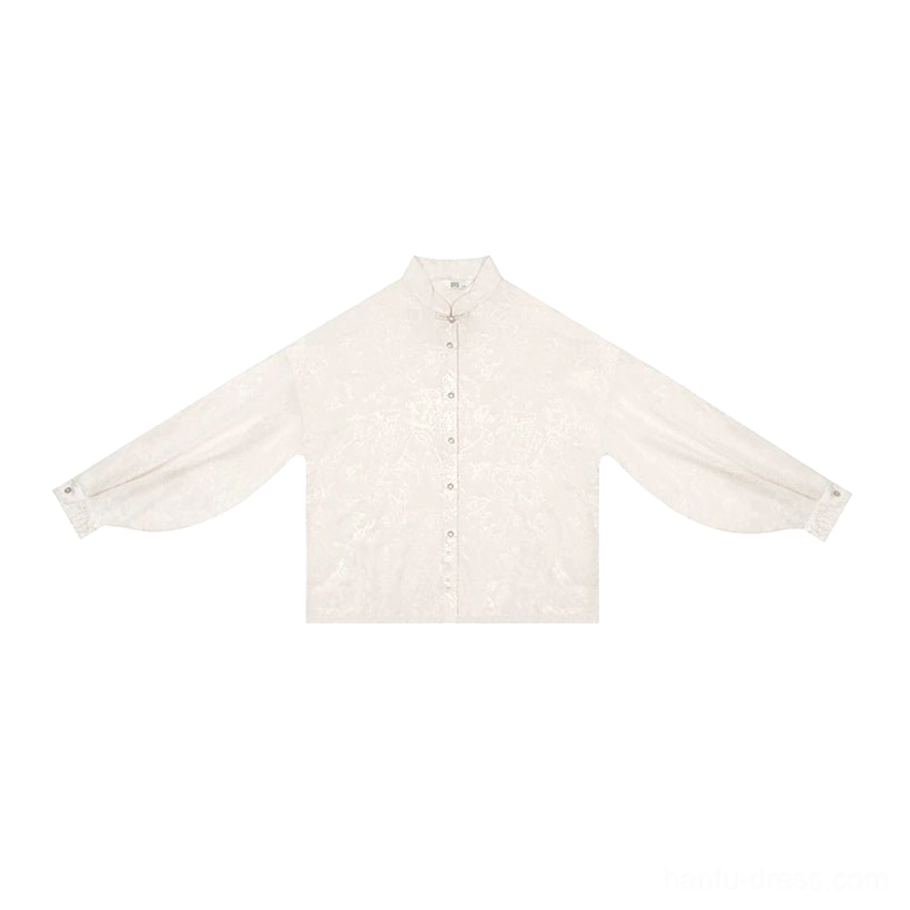 Cream Tencel Modern Hanfu pipa sleeve shirt flat lay with stand collar frog buttons and puff sleeves