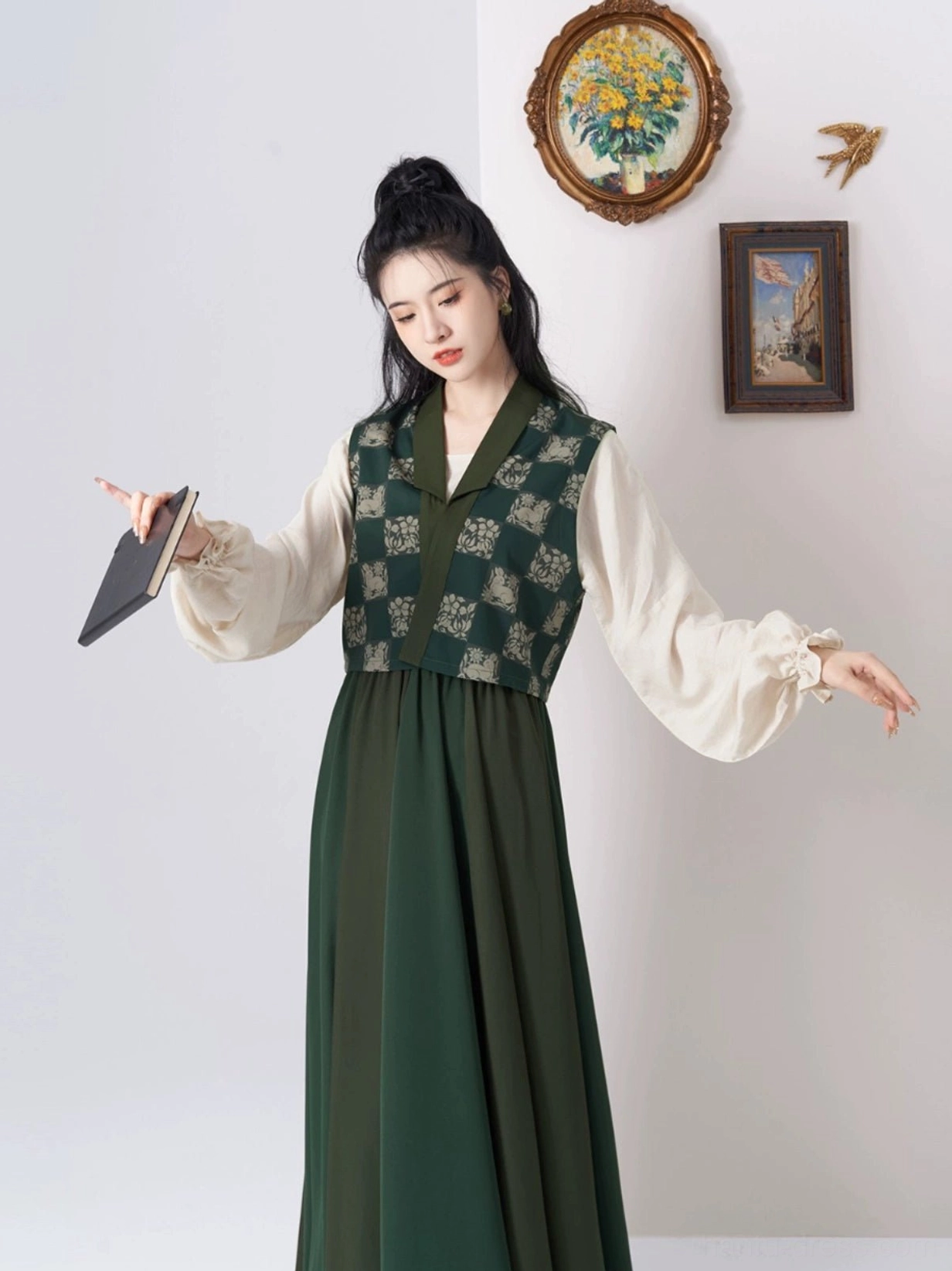 Side silhouette of a modern Hanfu outfit with dark green Beizi vest, cropped lantern sleeve top, and full flowing eight panel skirt