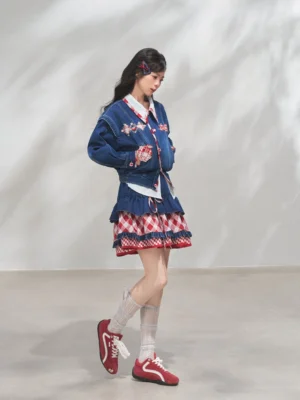 Modern Hanfu denim jacket with red plaid collar and layered ruffle denim mini skirt styled with red sneakers