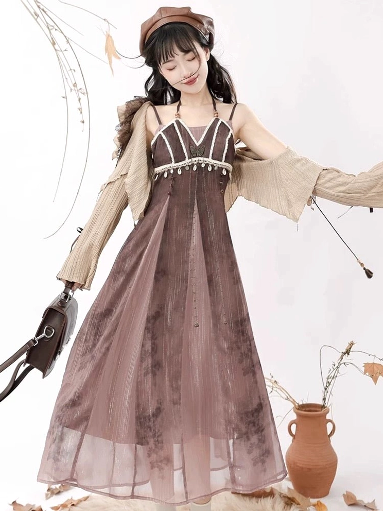 Full-length modern Hanfu dress outfit with halter-style ink-print dress, off-shoulder ruffled cardigan, and vintage autumn styling