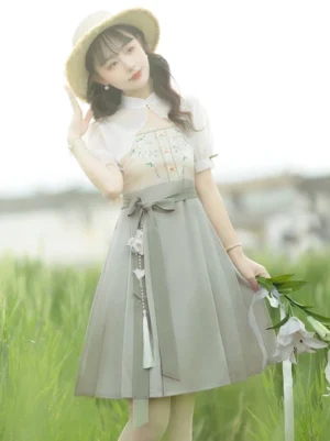 Modern Hanfu dress with Ming style stand collar sheer cape overlay pleated midi skirt waist tassel and decorative bow belt