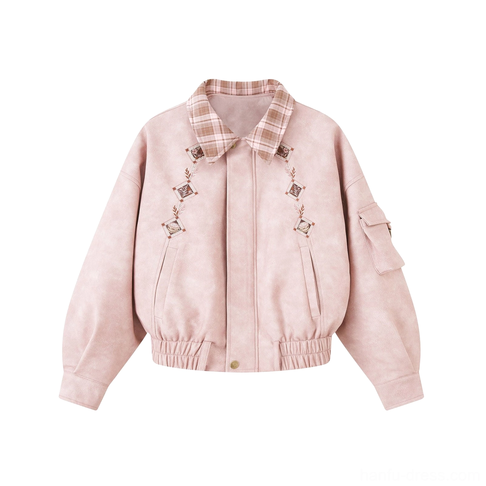 Flat lay product view of a dusty pink modern Hanfu cropped jacket with plaid collar, vintage embroidery, side pocket, and suede-like texture