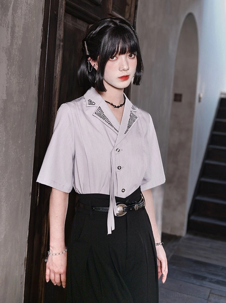 Modern Hanfu embroidered short sleeve shirt in light gray with geometric lapel embroidery, removable front neck tie, and black belted pleated skirt styling