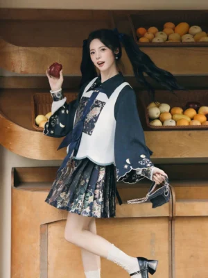 Three-quarter front view of a modern Chinese Hanfu fashion look with contrasting vest, embroidered cuffs, neck sash, and pleated printed skirt styling