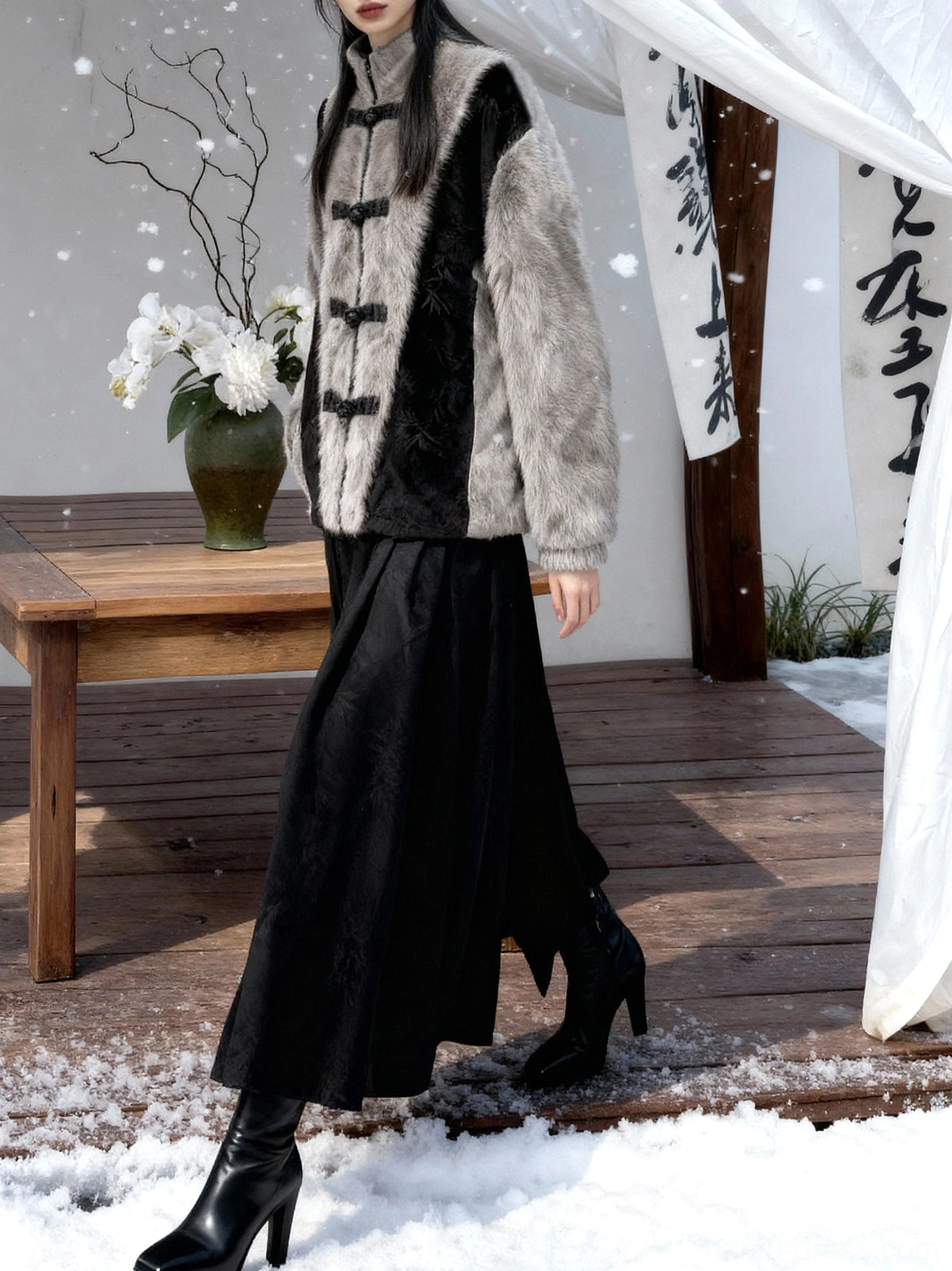 Walking view of a modern hanfu faux fur jacket displaying its mid-length cut, mixed grey and black textures, traditional frog fasteners, and winter styling