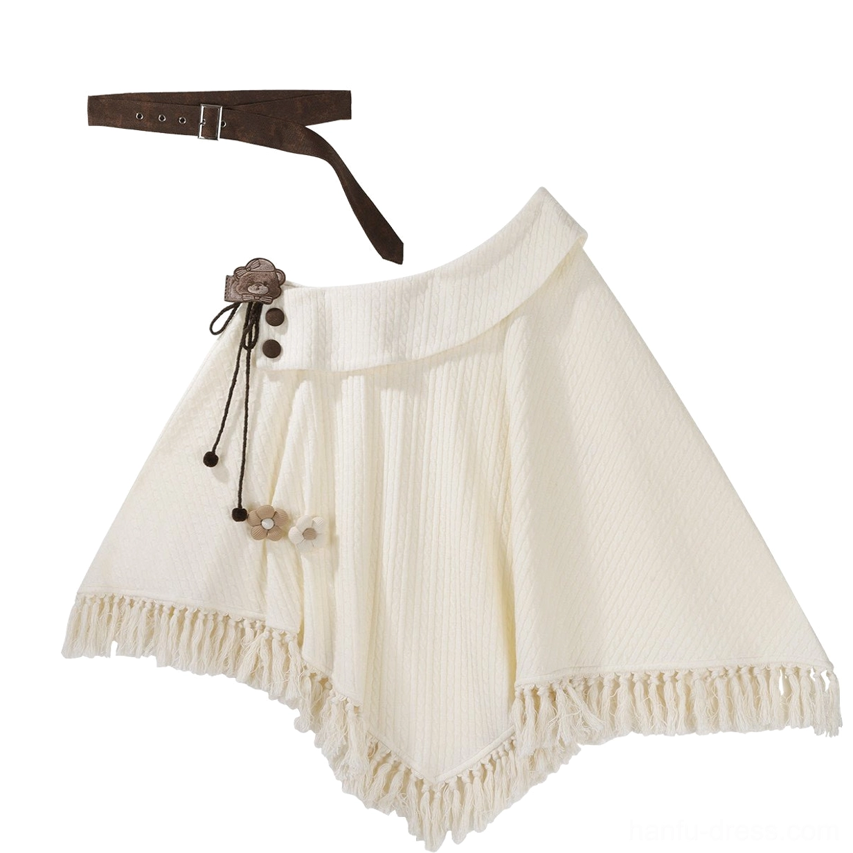 Front flat lay of modern Hanfu fringed off-shoulder knitted cloak with asymmetrical hem adjustable shoulder strap and vintage details