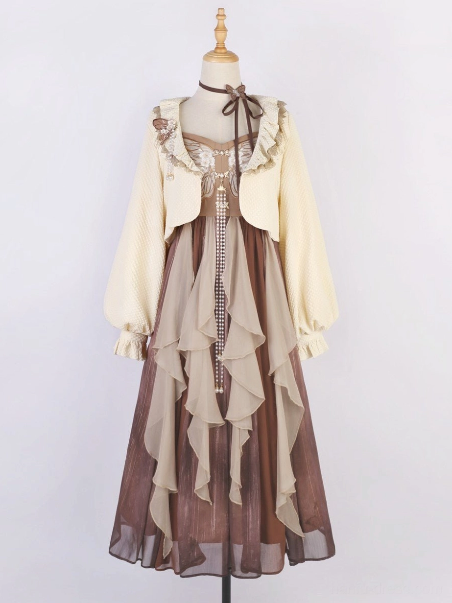 Flat product view of a complete modern Hanfu vintage dress and cardigan set featuring butterfly embroidery and pearl tassel pendant