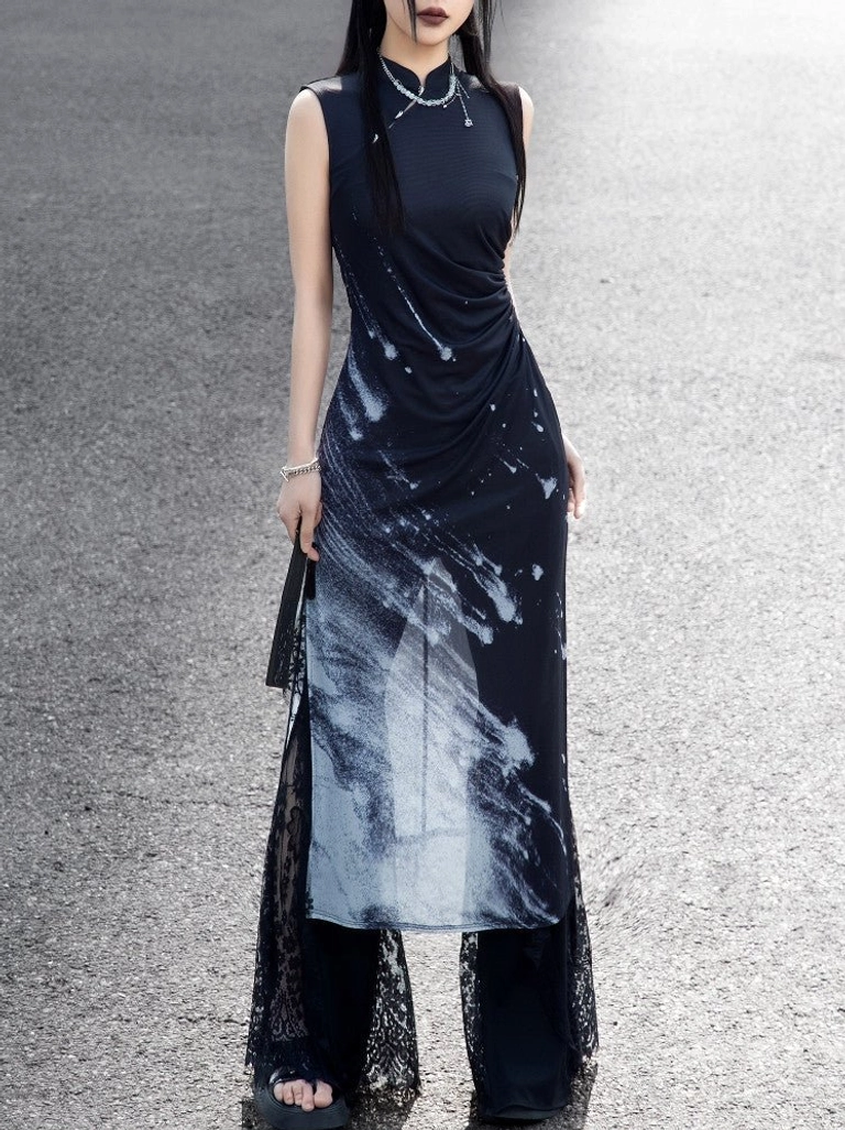 Full front view of a sleeveless modern Hanfu galaxy cheongsam dress with high side split, fitted bodice, stand collar, and layered lace-trimmed styling