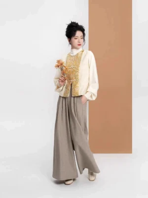 Modern Hanfu golden bamboo brocade vest cream sweater and oat wide-leg pants full three-piece outfit front view