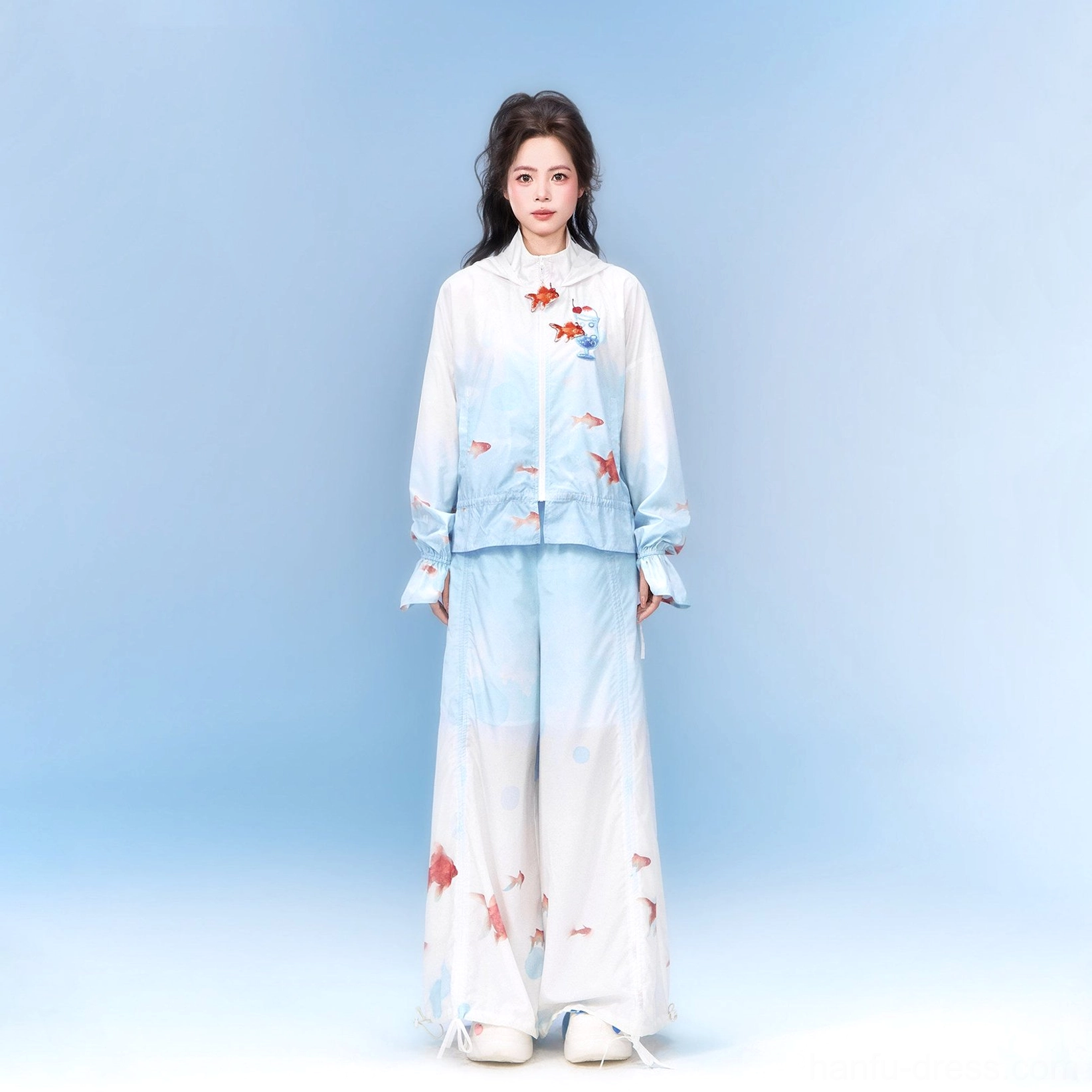 Full Modern Hanfu goldfish print hooded jacket and wide-leg pants set in coordinated sky blue and white gradient fabric