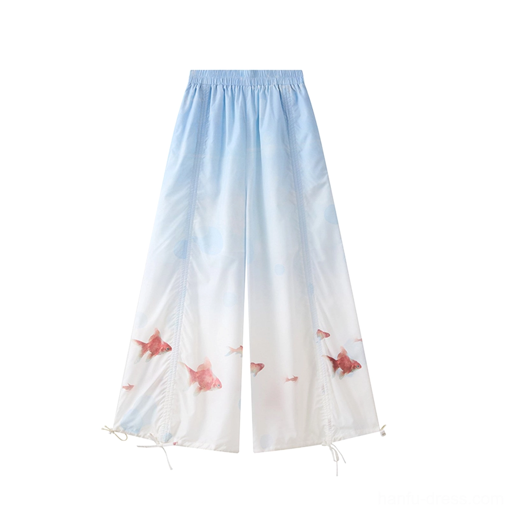 Goldfish print wide-leg trousers flat lay with elastic waistband, adjustable drawstring hems, and blue white gradient Neo-Chinese design