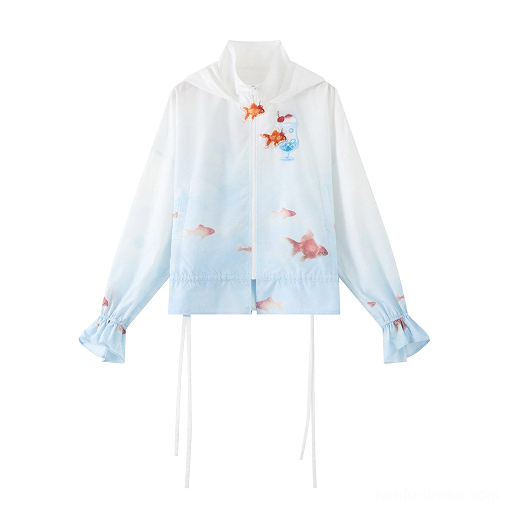 Goldfish print Modern Hanfu zip-up hooded jacket flat lay showing blue white gradient fabric, red fish motifs, and adjustable drawstring hem