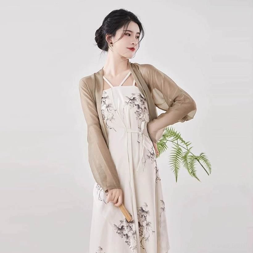 Modern Hanfu grapevine slip dress and sheer cropped cardigan two-piece outfit side view with waist sash