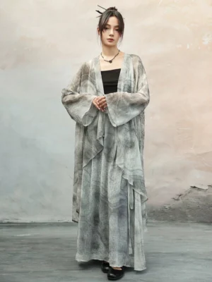 Front full-body view of a modern Hanfu graphite ink-wash print long cardigan with wide bell sleeves and flowing floor-length silhouette
