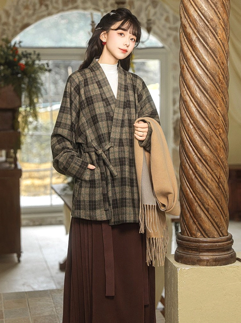 Modern Hanfu green brown plaid cross-collar wrap jacket side view showing loose silhouette and side pocket