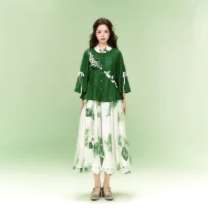 Modern Hanfu green embroidered coat and white butterfly landscape print wrap dress full set front view