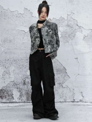 Full-body front view of grey and black botanical print Modern Hanfu cropped stand collar jacket with black turtleneck and cargo pants