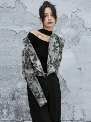 Modern Hanfu grey floral print cropped jacket front three-quarter view styled with black off-shoulder top and black wide-leg pants