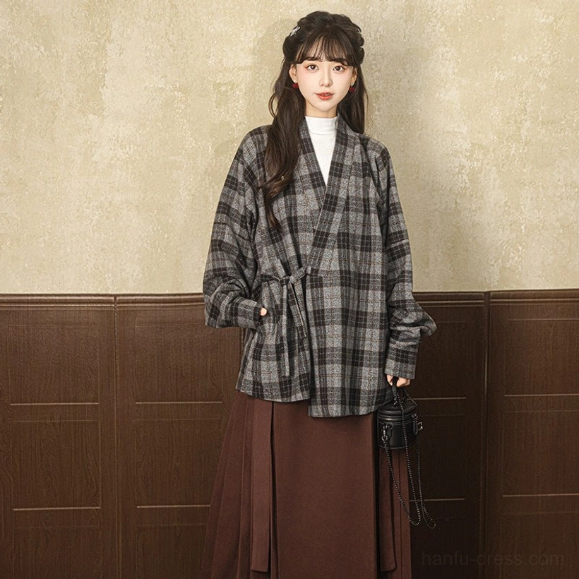Modern Hanfu grey plaid cross-collar wrap jacket front view showing dropped shoulders side pockets and tie closure