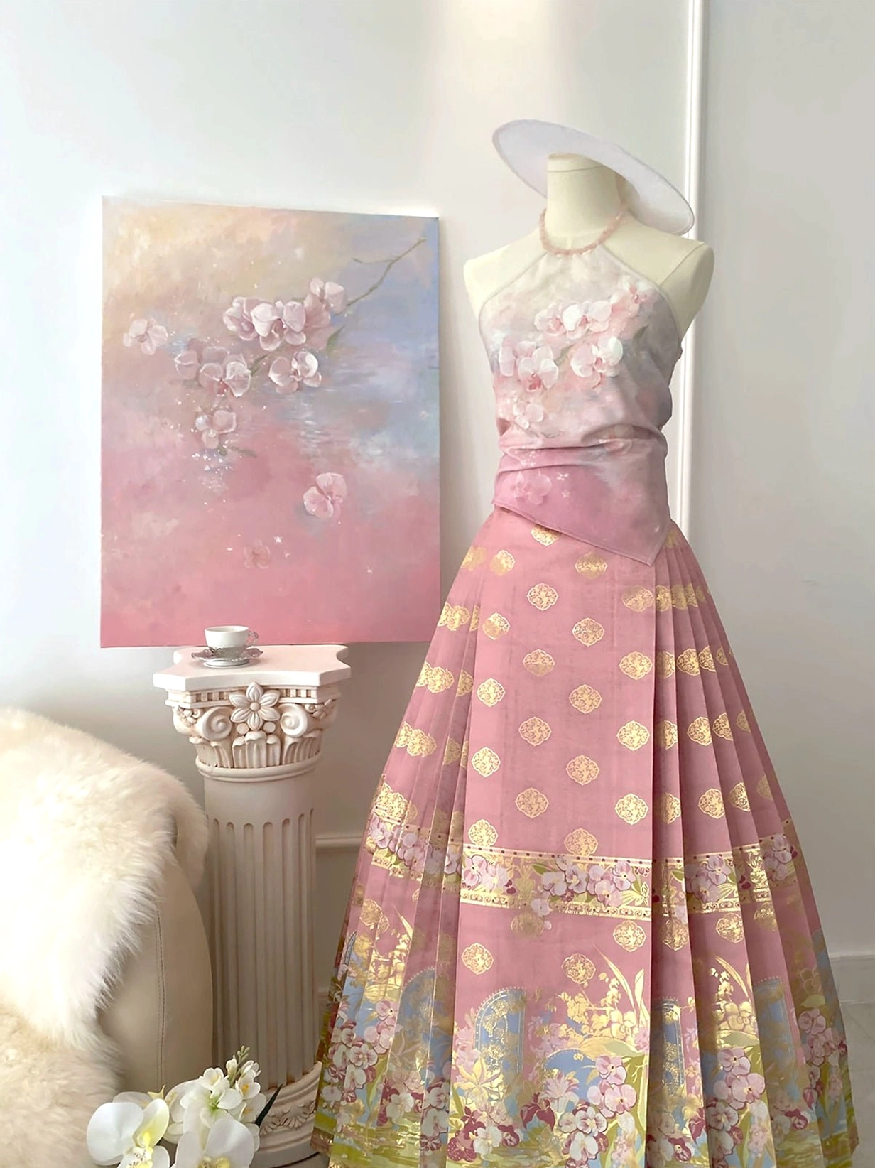 Modern Hanfu clothing detail featuring a contemporary halter neck top designed to pair with a Ming-inspired mamian skirt