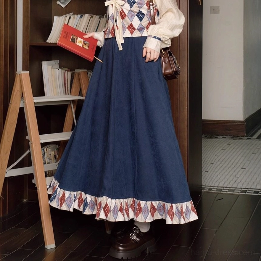 High waisted dark blue modern Hanfu skirt with pockets and ruffled argyle hem styled with white socks and leather loafers