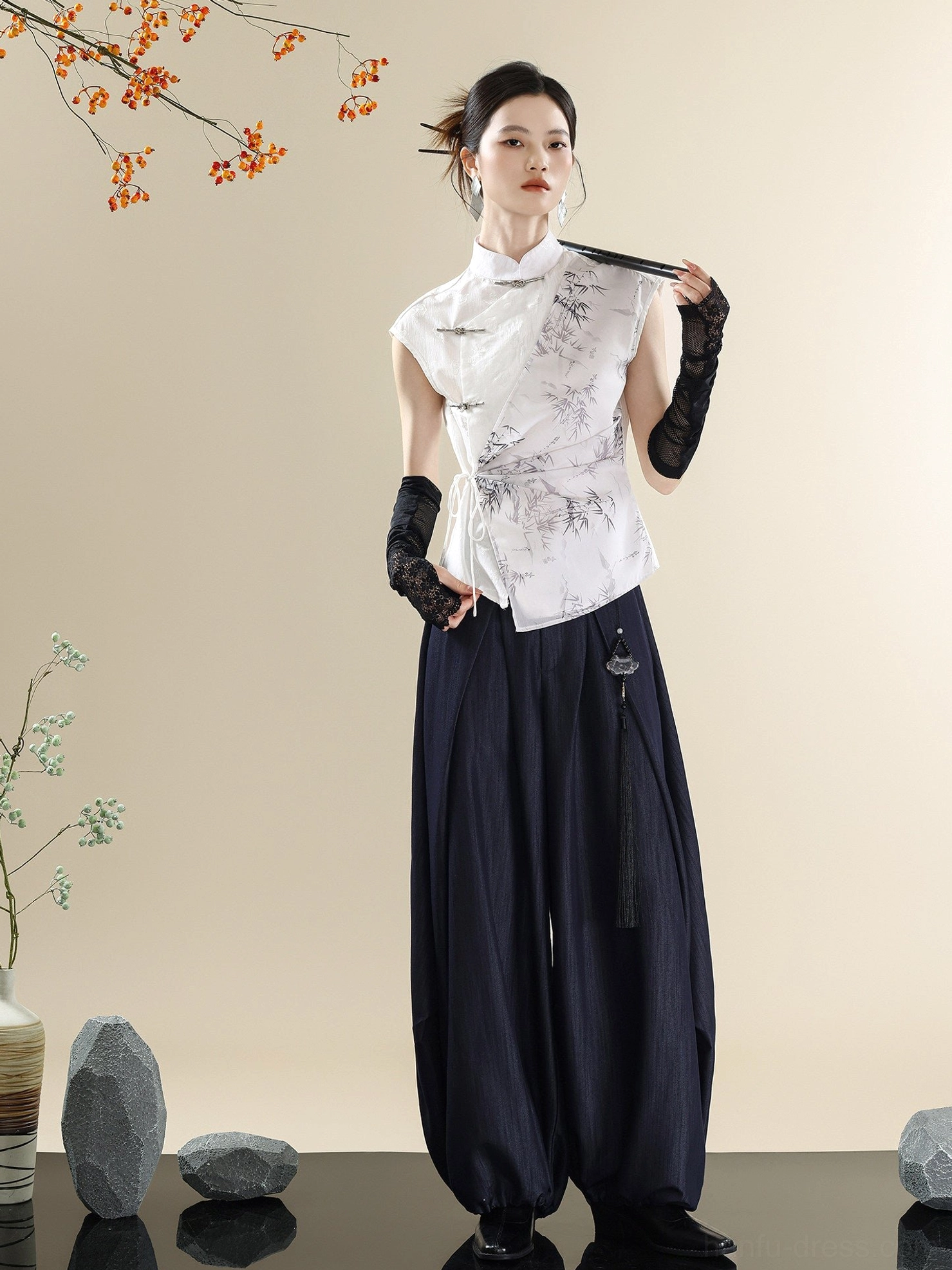 Modern Hanfu ink bamboo Mandarin collar sleeveless top and navy denim lantern pants full set front view