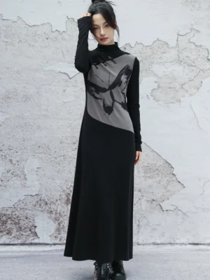 Modern Hanfu cheongsam inspired ink butterfly maxi dress three quarter front view showing asymmetrical grey printed panel and mock neck