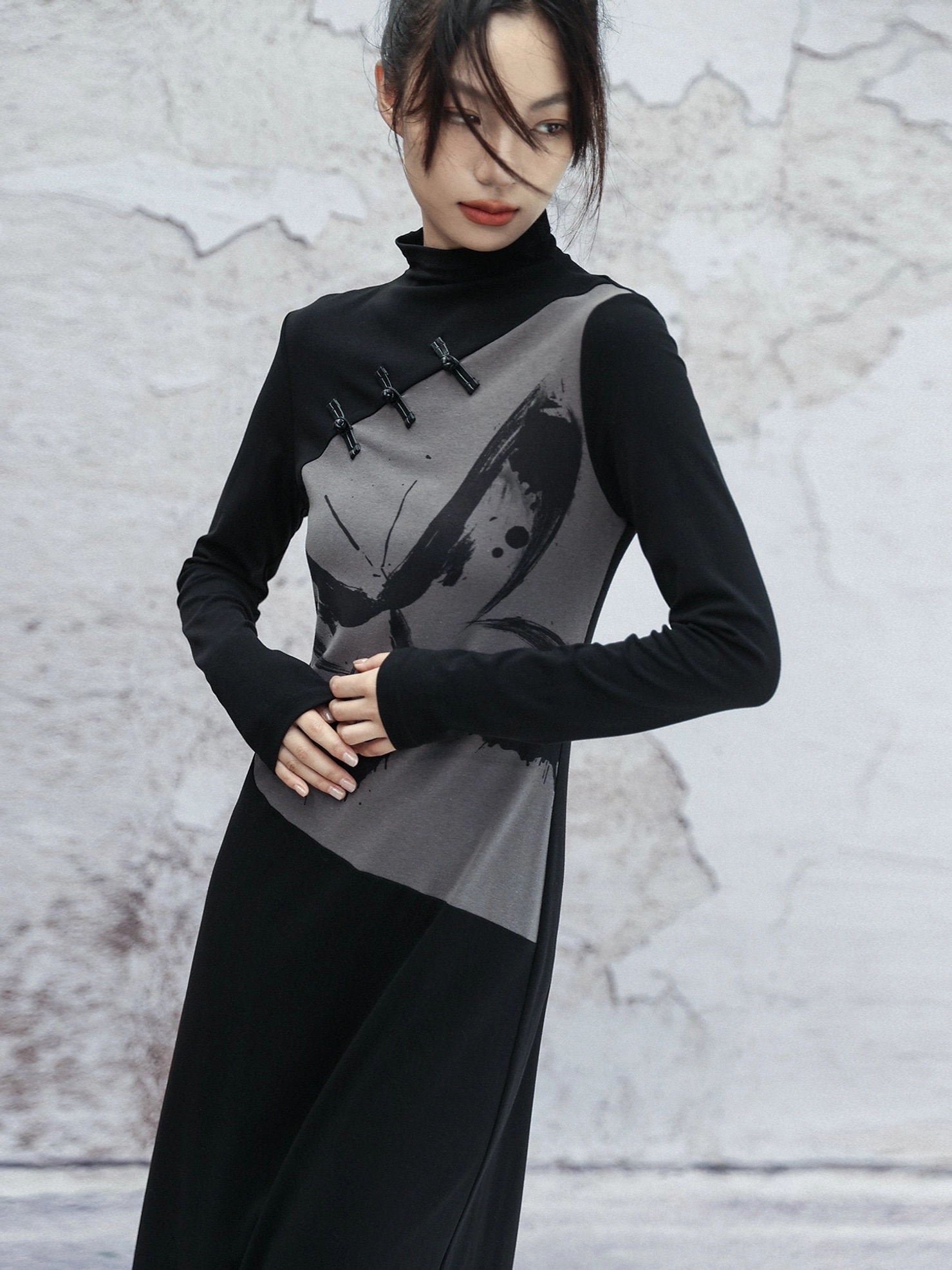 Close up of modern Hanfu ink butterfly dress mock neck black frog fasteners grey ink wash print panel and fitted long sleeves