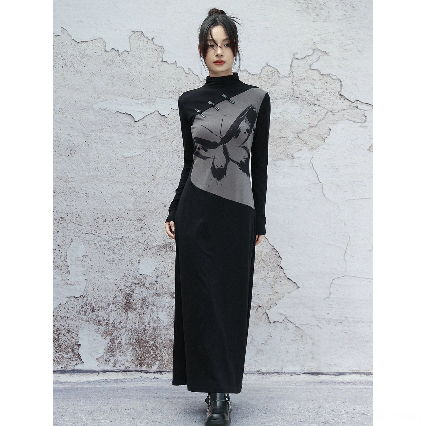 Modern Hanfu ink butterfly print long sleeve floor length maxi dress full body view with grey asymmetrical contrast panel