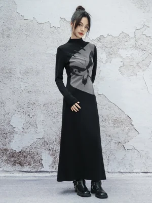 Modern Hanfu ink butterfly print long sleeve black and grey maxi dress front full body view with Chinese inspired frog buttons