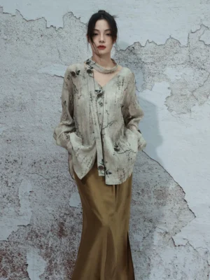 Front full-body view of modern Hanfu ink butterfly V-neck shirt with long neck sash styled with a caramel satin maxi skirt