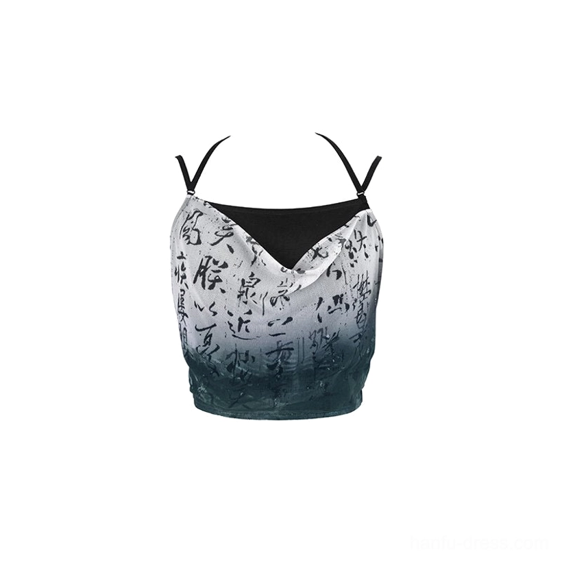 Flat lay product view of Modern Hanfu cropped camisole with grey black ombre Chinese calligraphy print, draped cowl neck and black lining