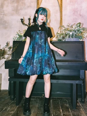 Front full body view of a modern Hanfu jellyfish print short sleeve bubble dress with mandarin collar and blue green gradient fabric